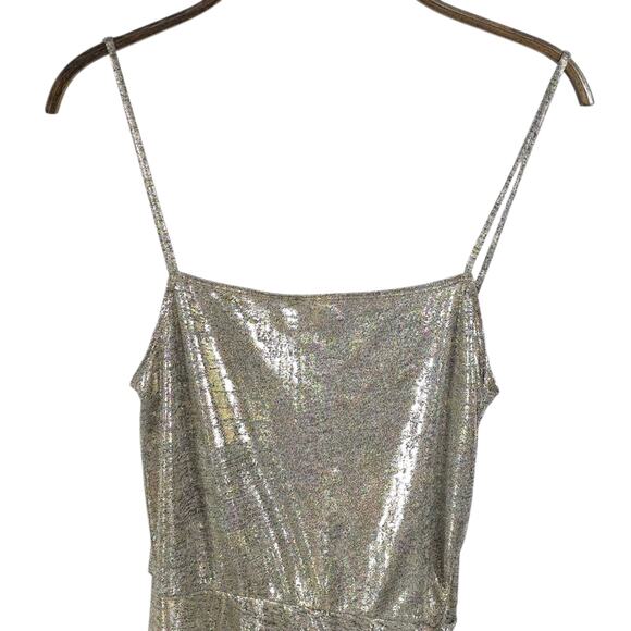 Reformation Flare Dress Metallic Gold Silver Ruched Mini - Picture 4 of 10